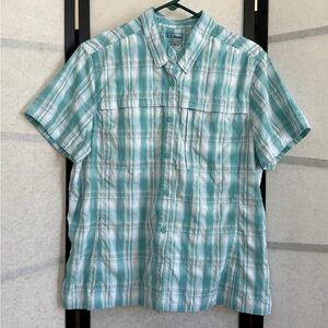 L.L.Bean Tropicwear Vented Short Sleeved Button Up Plaid Shirt Teal Green XL